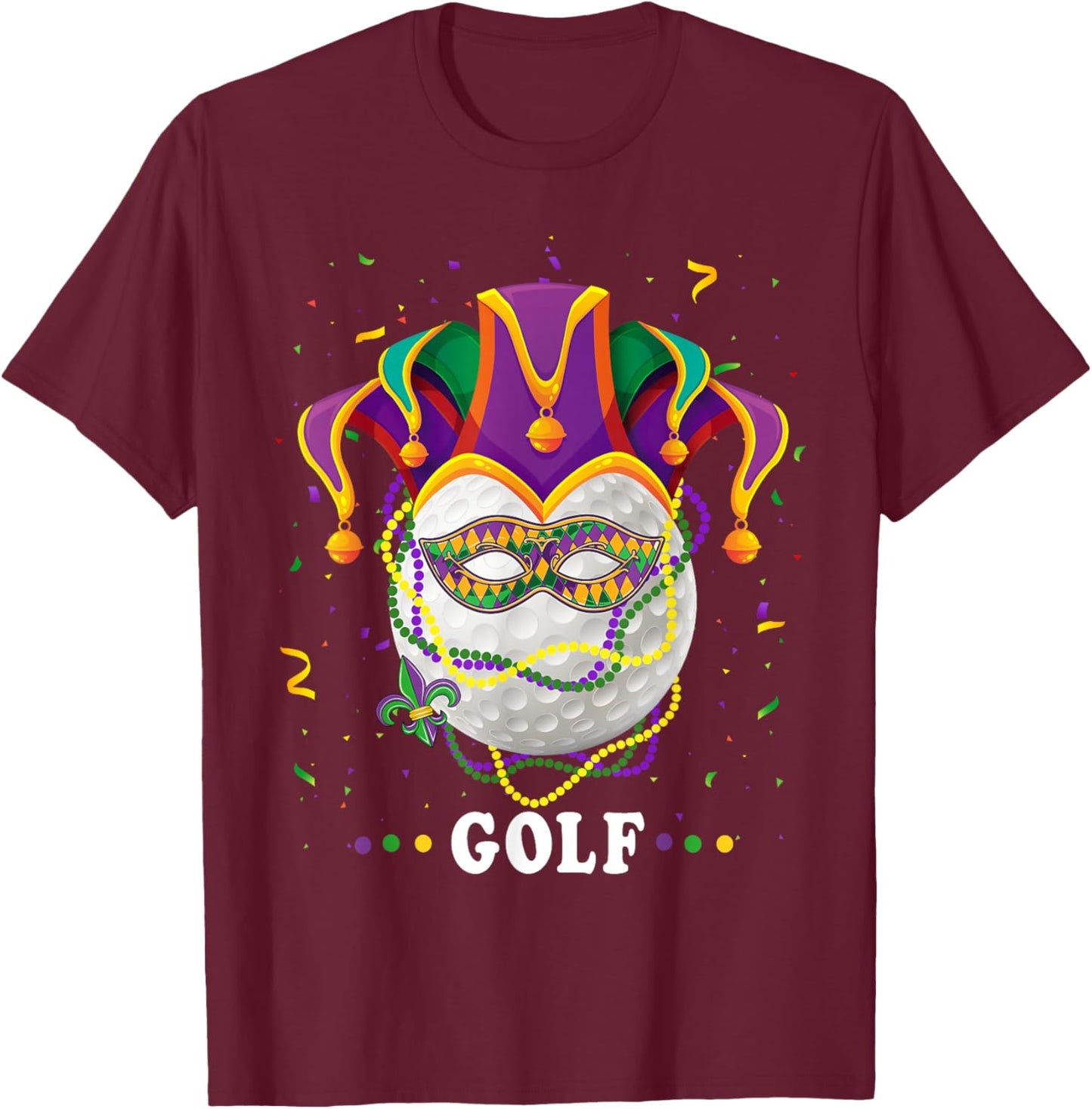 Golf Wearing Jester Hat Masked Beads Mardi Gras Golf Women T-Shirt - T-Shirt | Maroon