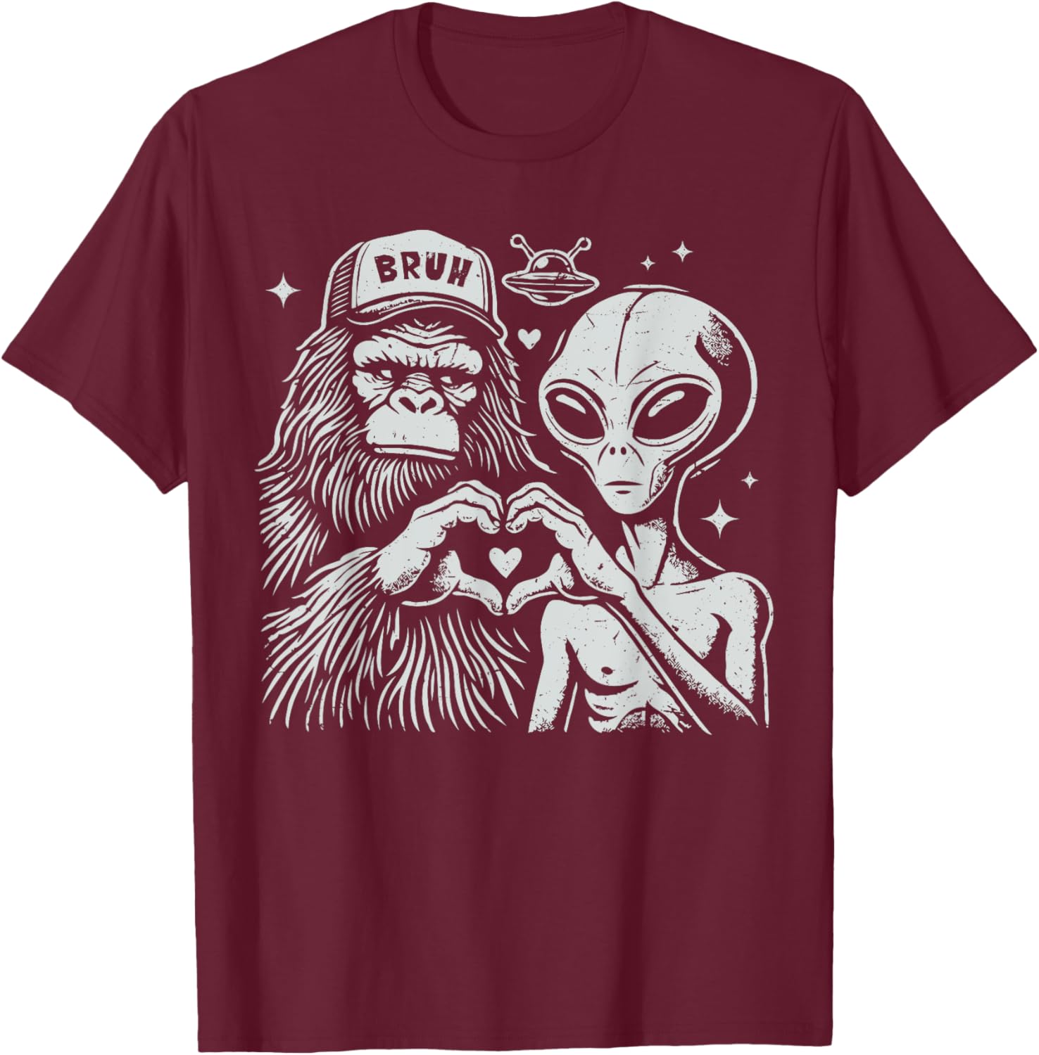 Vintage Funny Bigfoot and Alien Heart Hand Sign T-Shirt - T-Shirt | Maroon