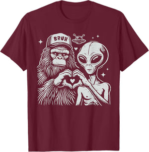 Vintage Funny Bigfoot and Alien Heart Hand Sign T-Shirt - T-Shirt | Maroon