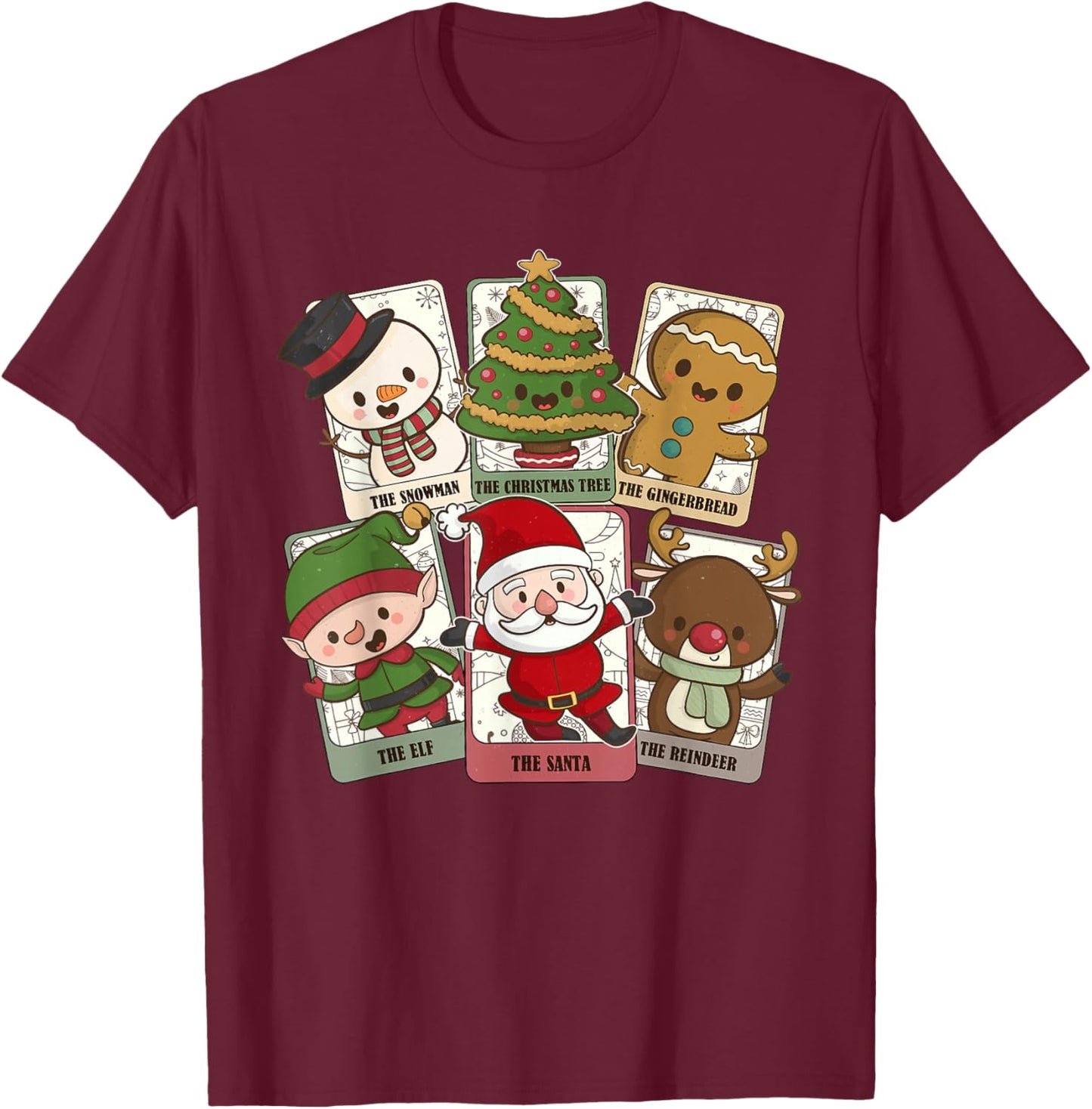 Retro Tarot Card Christmas Santa Elf Reindeer Gingerbread T-Shirt - T-Shirt | Maroon