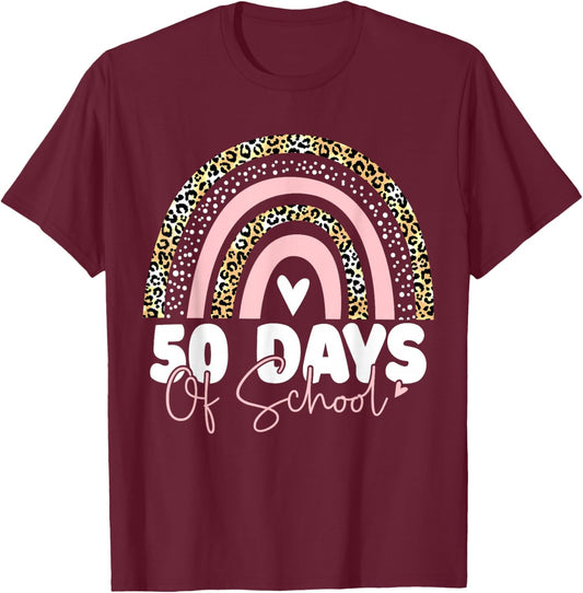 50th Day of School Teacher Rainbow Leopard 50 Days Smarter T-Shirt - T-Shirt | Maroon