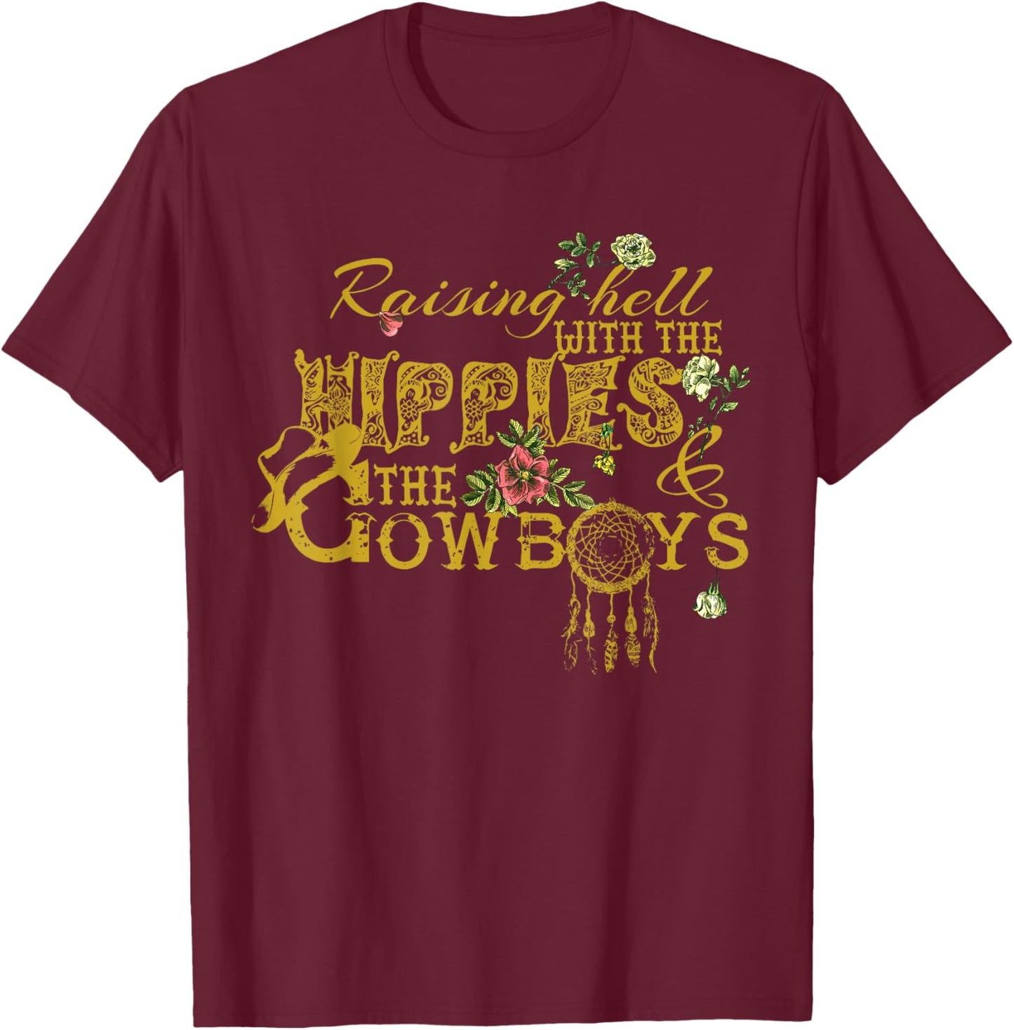 Raising Hell With The Hippies The Cowboys Black X-Small Vintage Casual T-Shirt - T-Shirt | Maroon