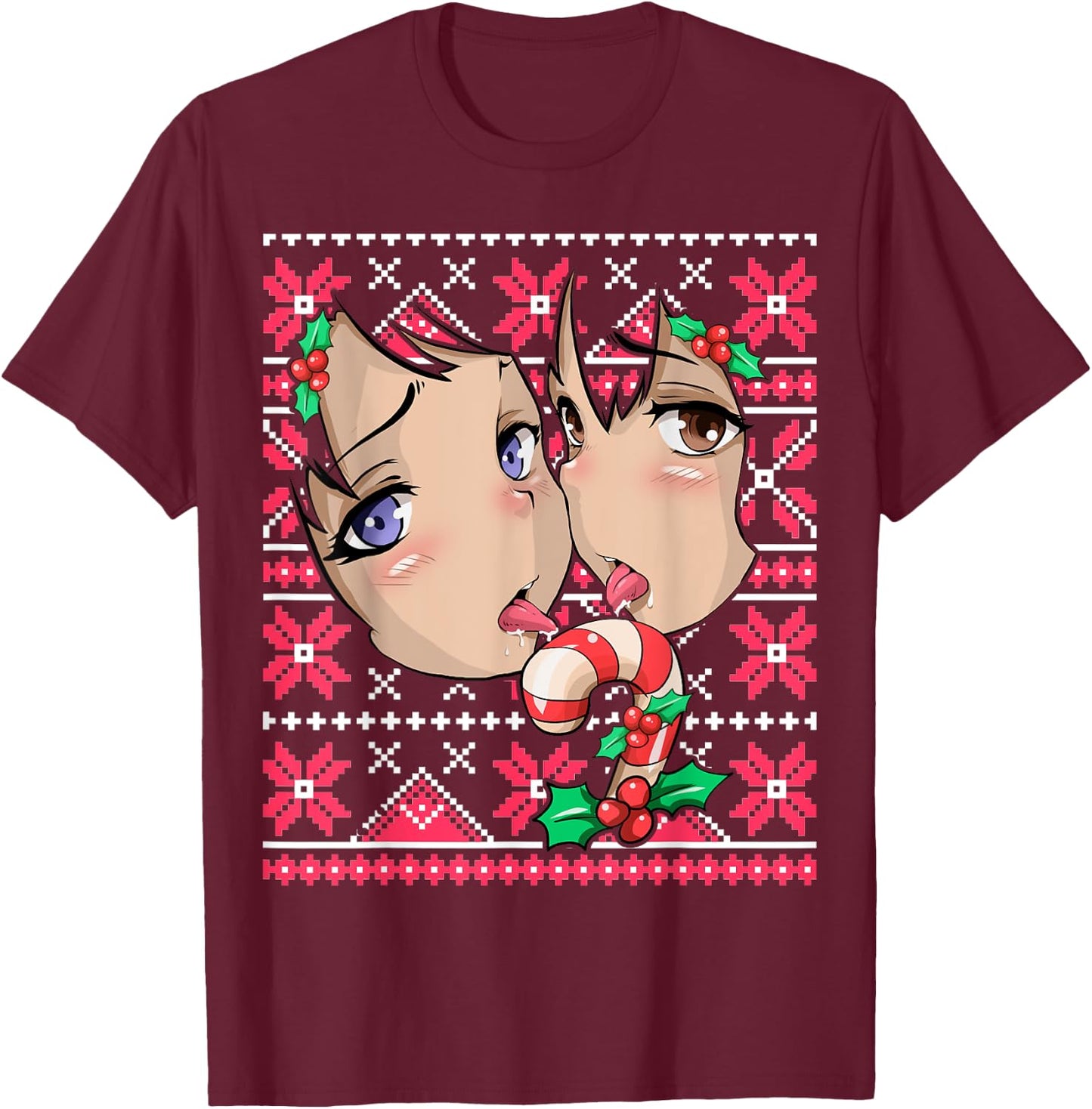 Ugly Christmas Otaku Ahegao Ecchi Etchi Lewd Hentai Kawaii T-Shirt - T-Shirt | Maroon