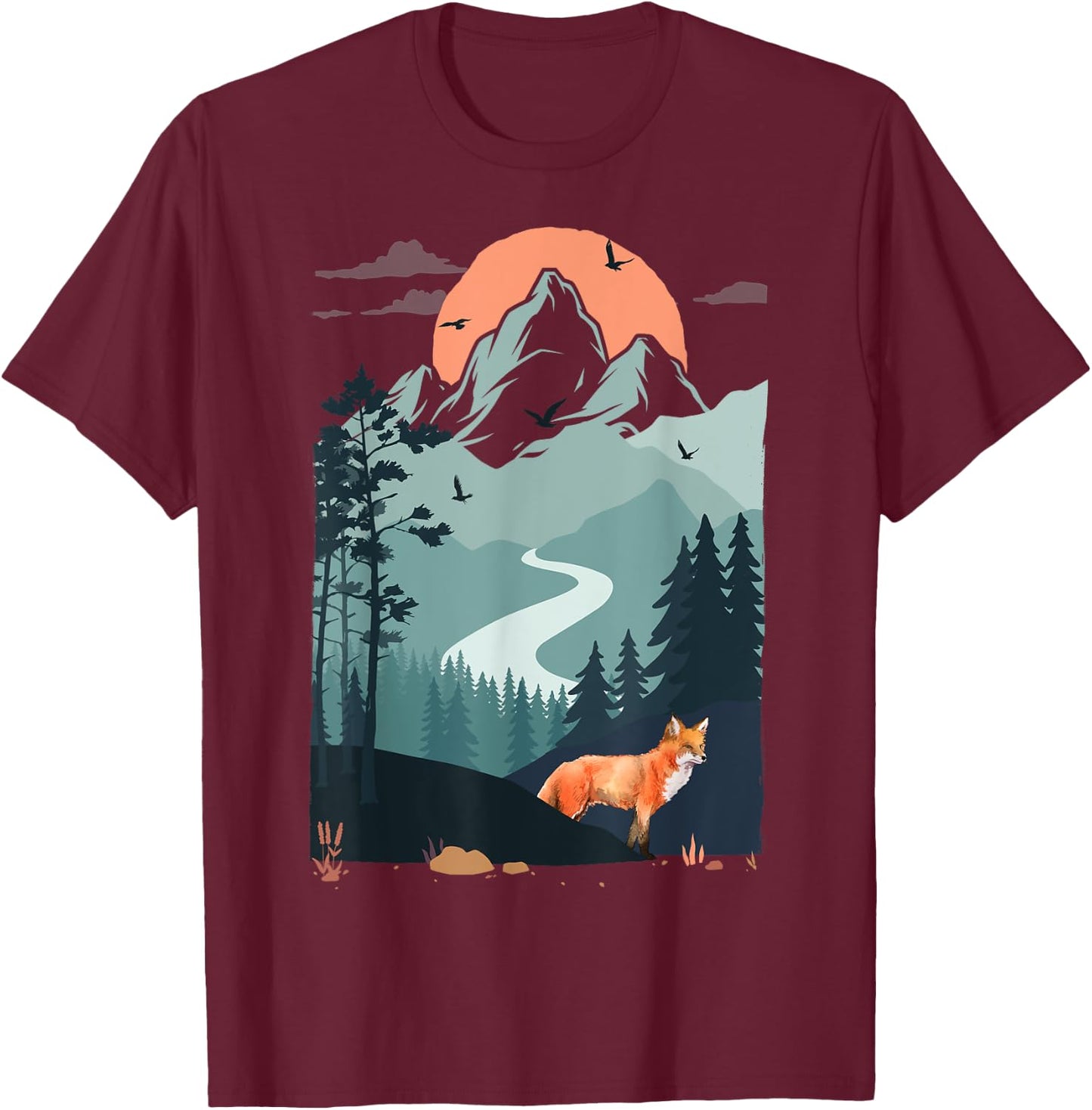 Mountain sunset Pine Tree Bird flying sky Red Standing Fox T-Shirt - T-Shirt | Maroon