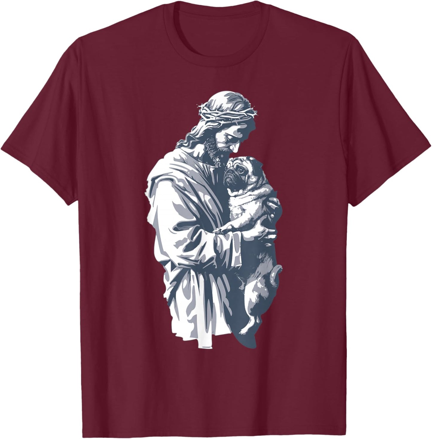 Funny Vintage Jesus Holding Cute Pug Retro 90s Christian T-Shirt - T-Shirt | Maroon