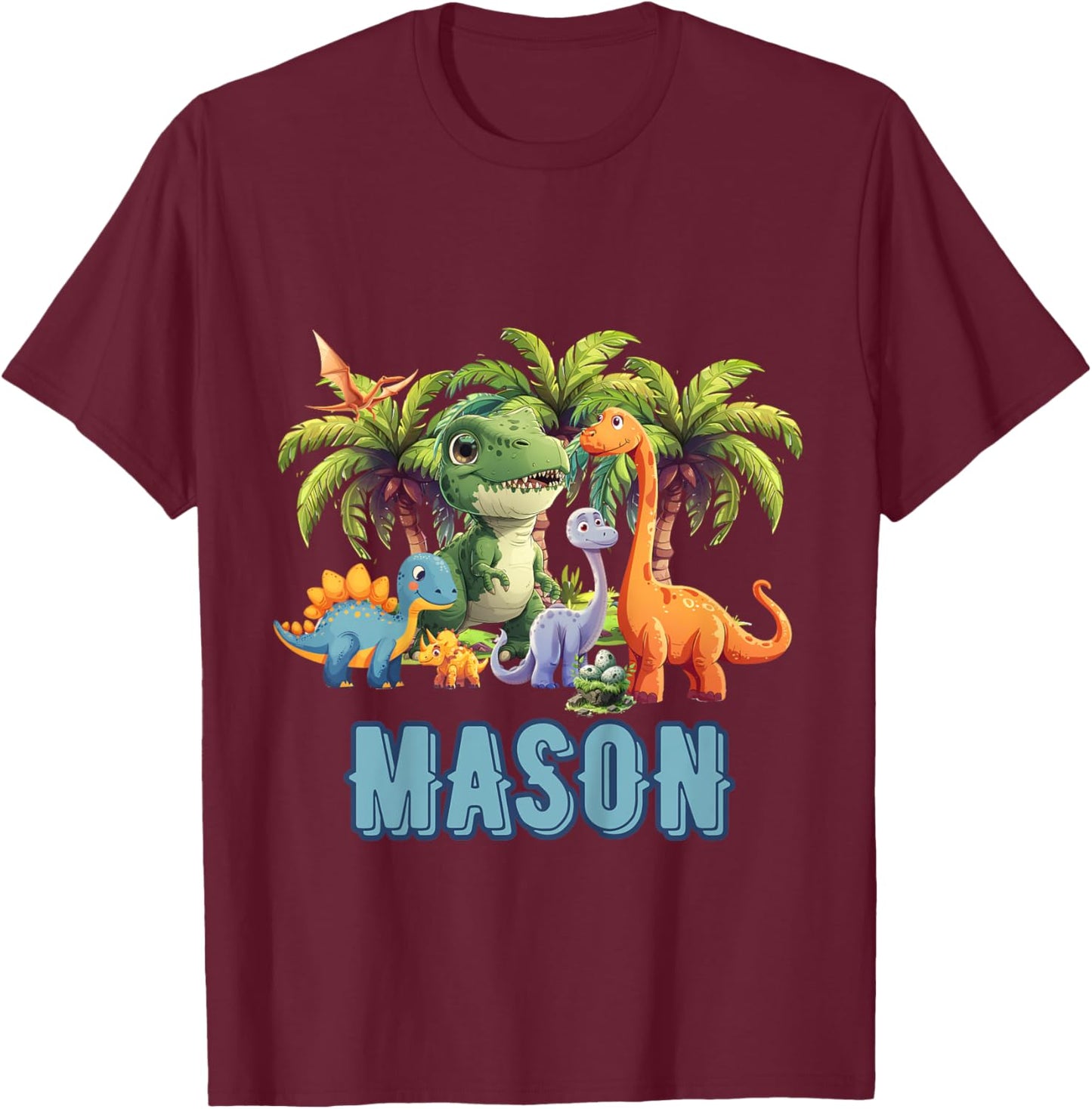 Kids MASON Name Dinosaur Themed Baby Boy Toddler Cute Fun T-Shirt - T-Shirt | Maroon