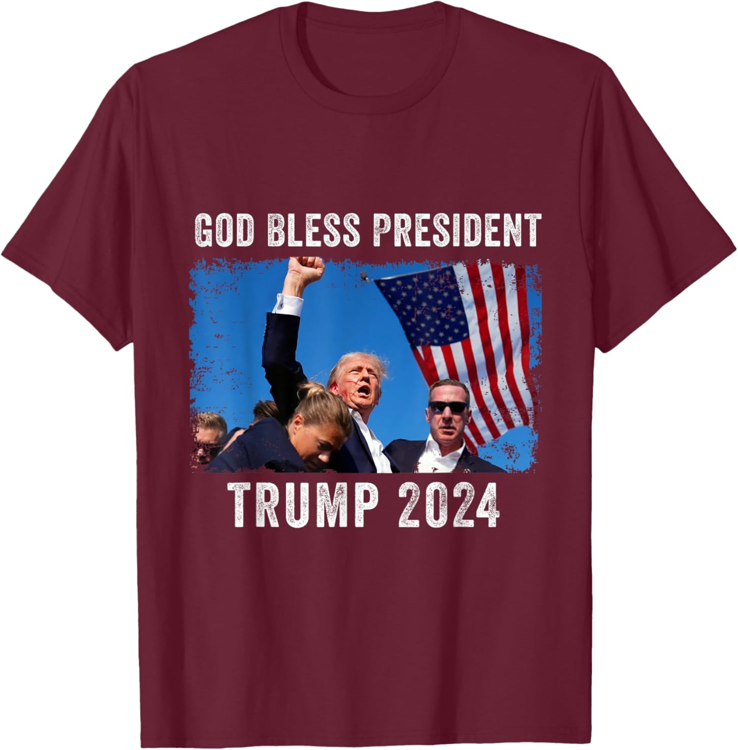 Trump Shot Bloody Ear Bleeding God Bless President Trump T-Shirt - T-Shirt | Maroon