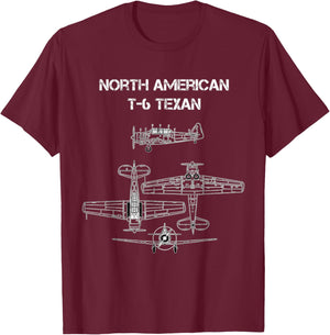 North American T6 Texan Harvard SNJ WW2 Airplane Blueprint T-Shirt - T-Shirt | Maroon
