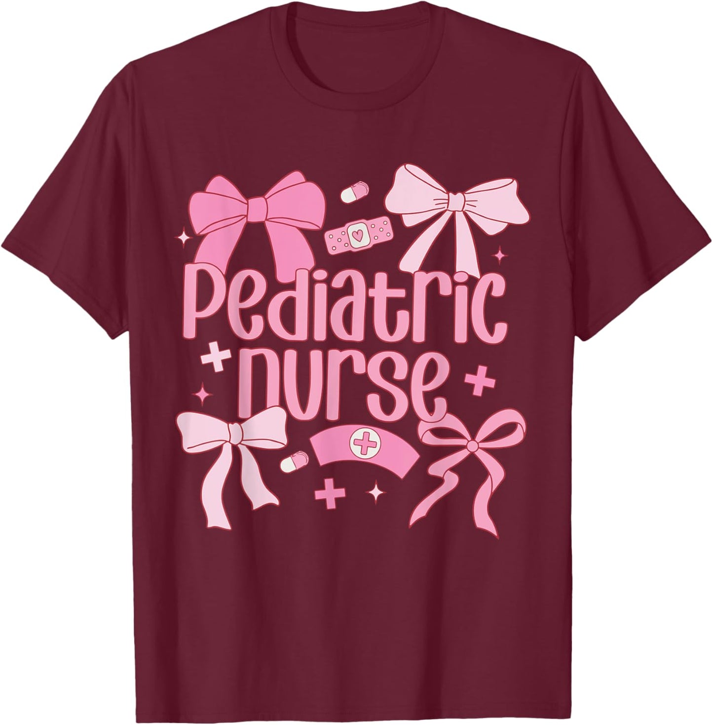 Cute Pink Coquette Bow Pediatric Nurse T-Shirt - T-Shirt | Maroon