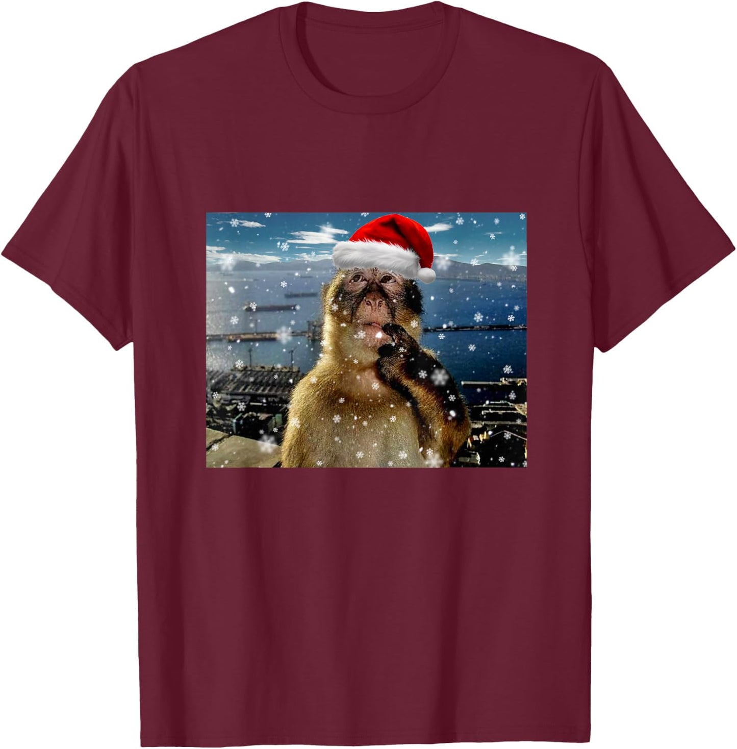 Christmas Thinking Monkey Meme Brainrot Xmas Gift T-Shirt - T-Shirt | Maroon