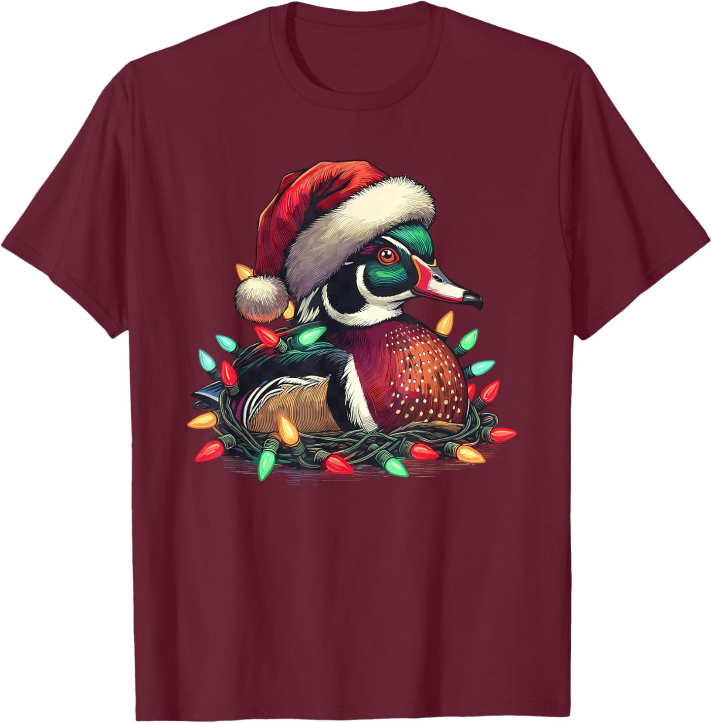 Santa Mallard Duck with Christmas Lights Hunting Season T-Shirt - T-Shirt | Maroon
