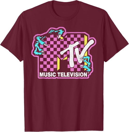 MTV Checkered Monster Hand Logo Graphic T-Shirt - T-Shirt | Maroon