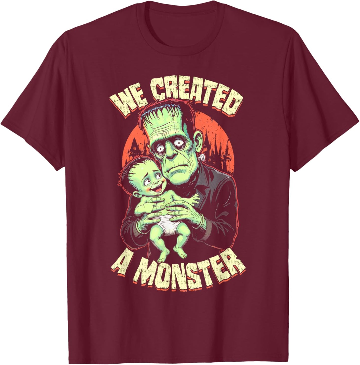 New Father, First Baby Monster Frankenstein Halloween T-Shirt - T-Shirt | Maroon