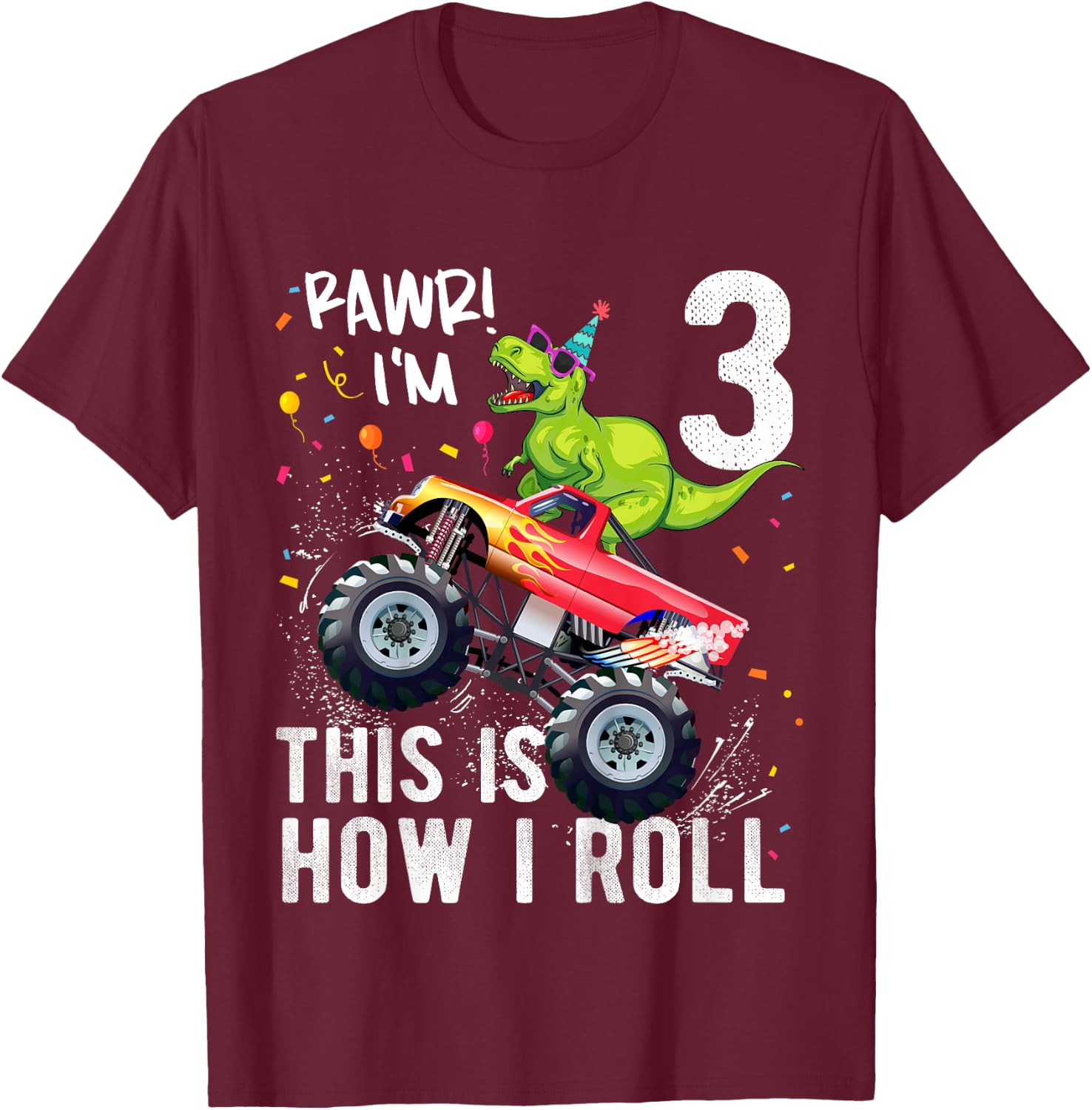 Kids T Rex Dinosaur Monster Truck 3rd Birthday Boys and Girls T-Shirt - T-Shirt | Maroon