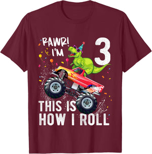 Kids T Rex Dinosaur Monster Truck 3rd Birthday Boys and Girls T-Shirt - T-Shirt | Maroon