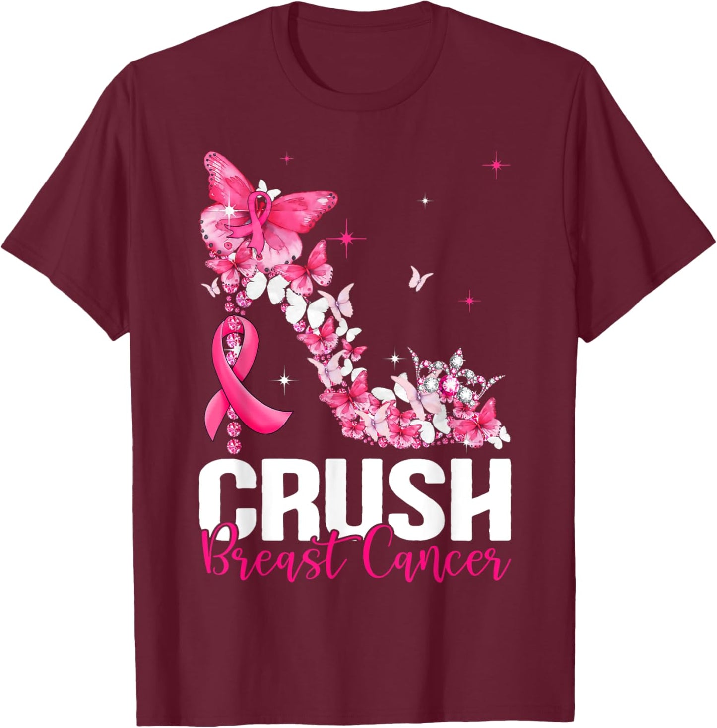 Crush Breast Cancer Awareness Bling Pink Ribbon T-Shirt - T-Shirt | Maroon