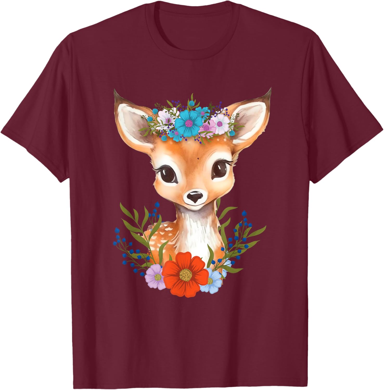 Floral Crown Baby Deer - Hunting Wildlife Forest Animal T-Shirt - T-Shirt | Maroon