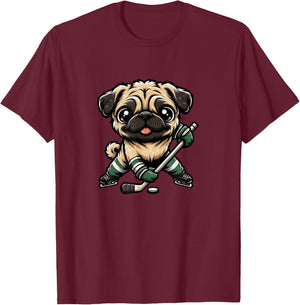 Cute Pug Playing Ice Hockey Dog Design T-Shirt - T-Shirt | Maroon