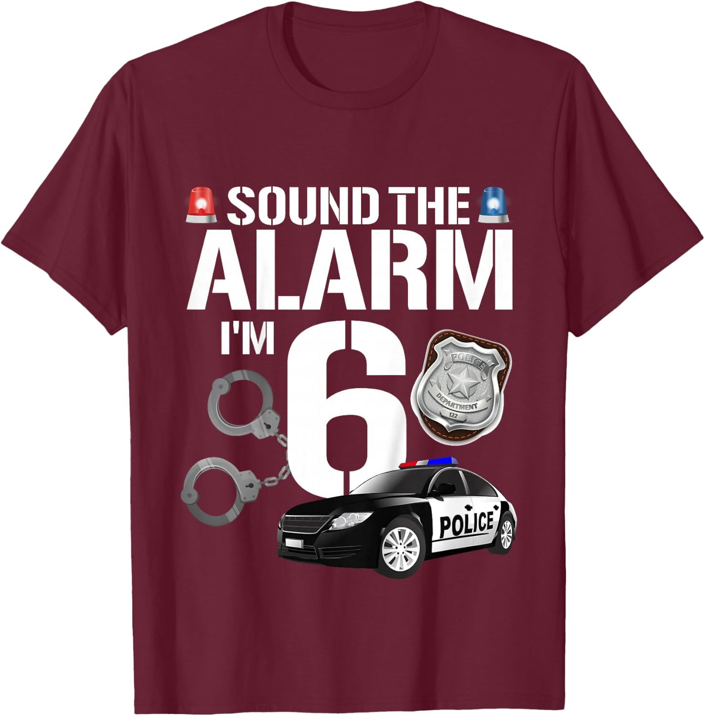 Kids 6 Year Old Police Birthday Officer Cop Car 6th Gift Boy T-Shirt - T-Shirt | Maroon