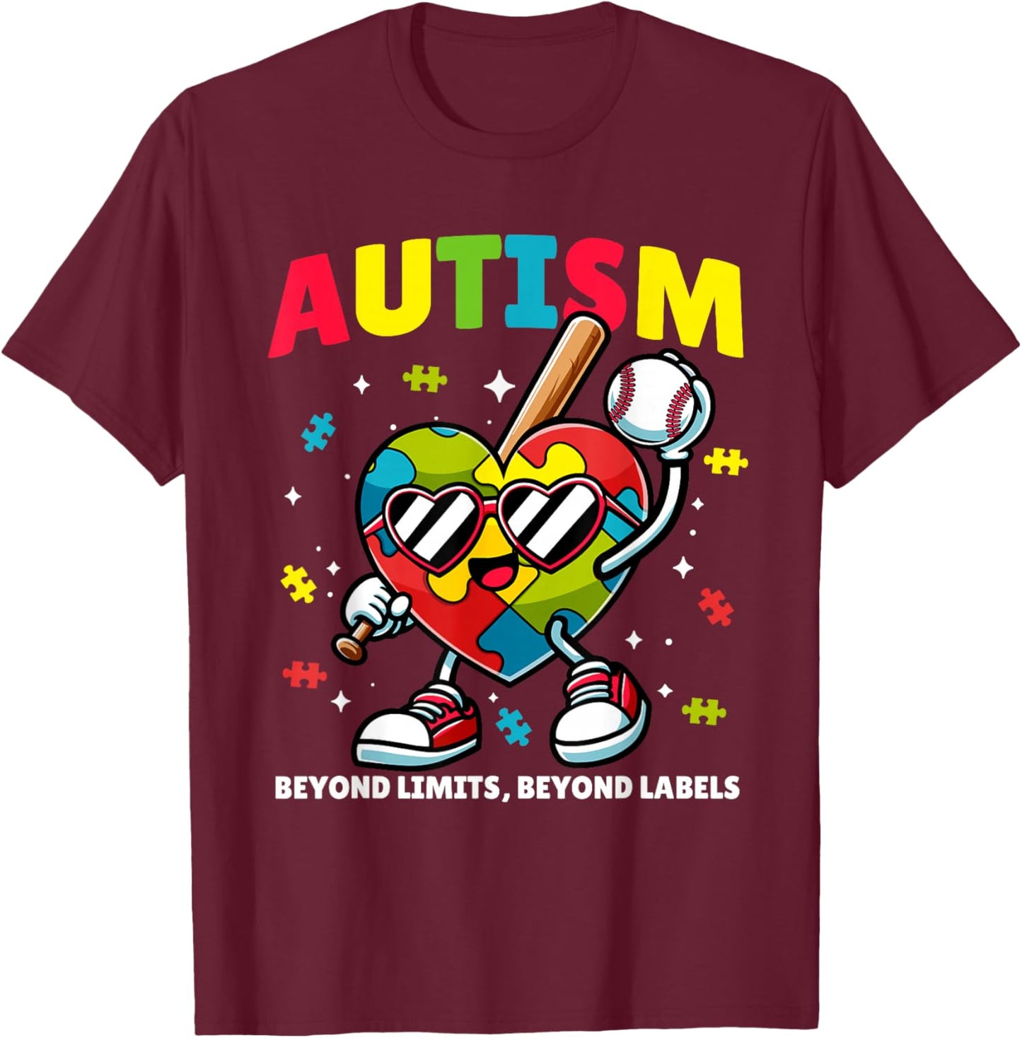 Autism Baseball Heart | Puzzle Awareness Design for Kids T-Shirt - T-Shirt | Maroon