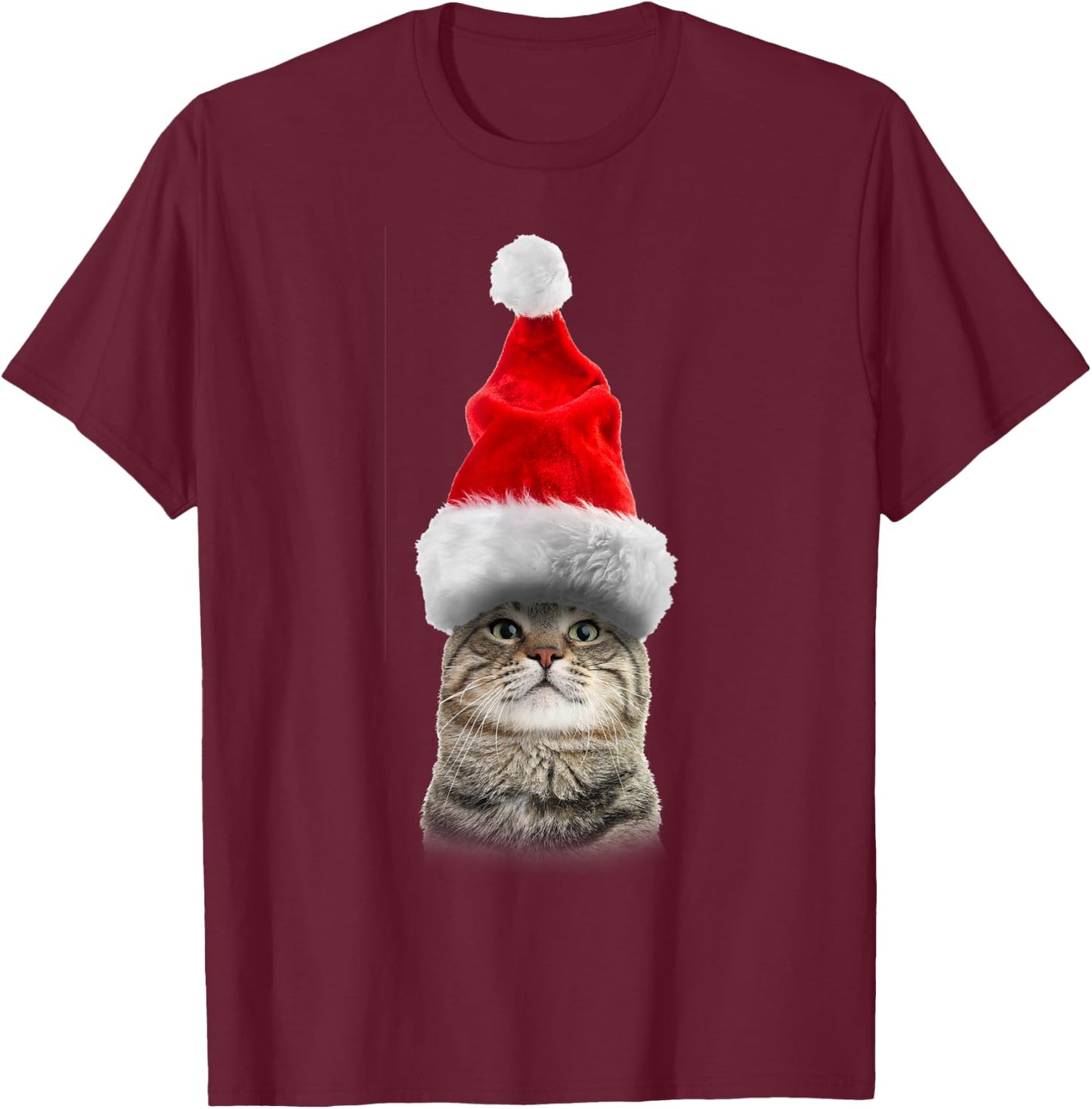 Christmas Tabby Cat in Santa Hat Meowy Christmas Fun T shirt Women Kids T-Shirt - T-Shirt | Maroon