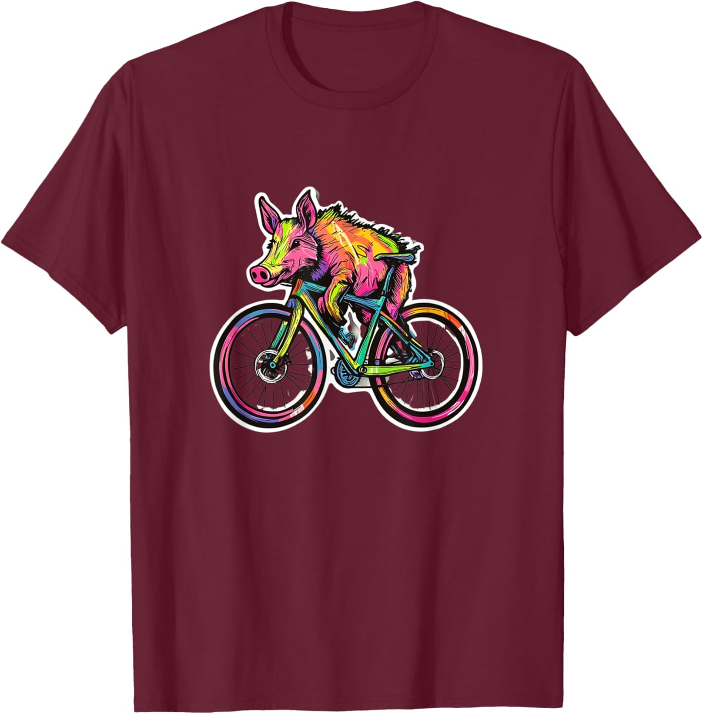 Rainbow Cyclist - Funny Pig Boar Riding Bike , Black, S T-Shirt - T-Shirt | Maroon