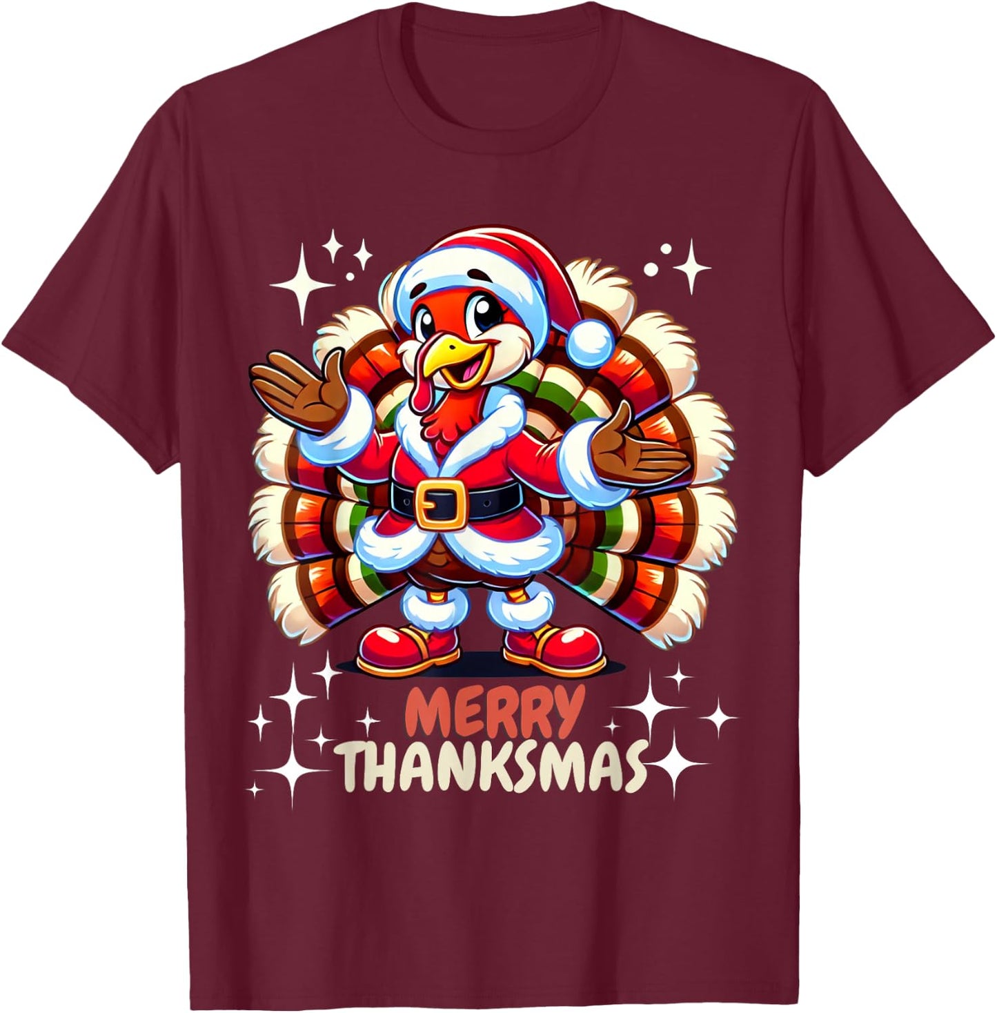 Funny Merry Thanksmas Thanksgiving Turkey Xmas T-Shirt - T-Shirt | Maroon
