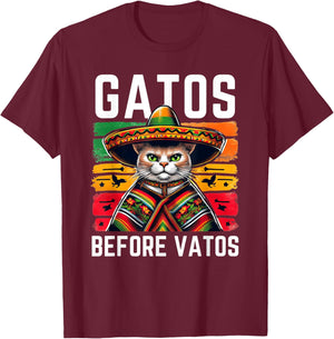 Gatos before Vatos Funny Cat Mexican Cat Poncho Fiesta Cinco T-Shirt - T-Shirt | Maroon