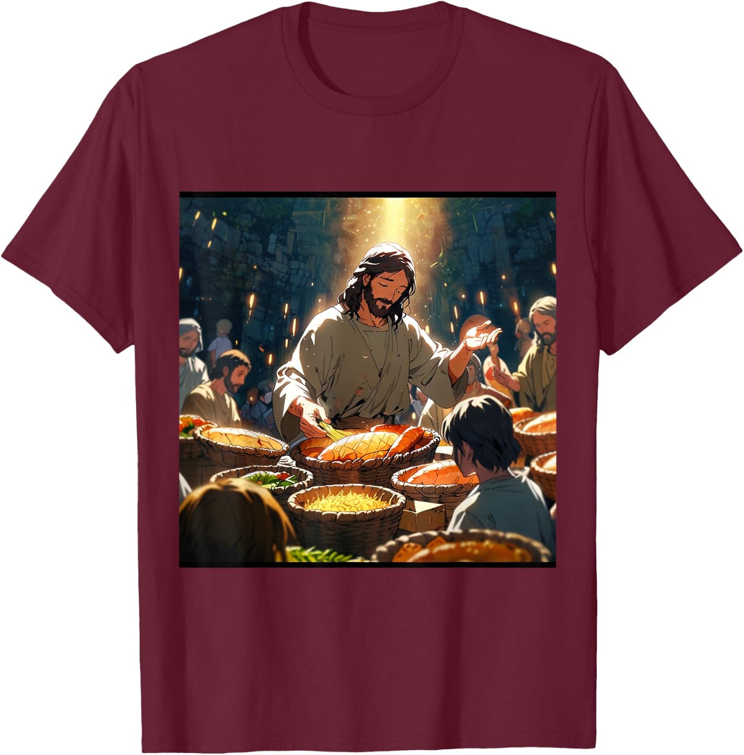 Jesus Anime Miracle Fishes and Loaves Matthew 14 Feed 5000 T-Shirt - T-Shirt | Maroon