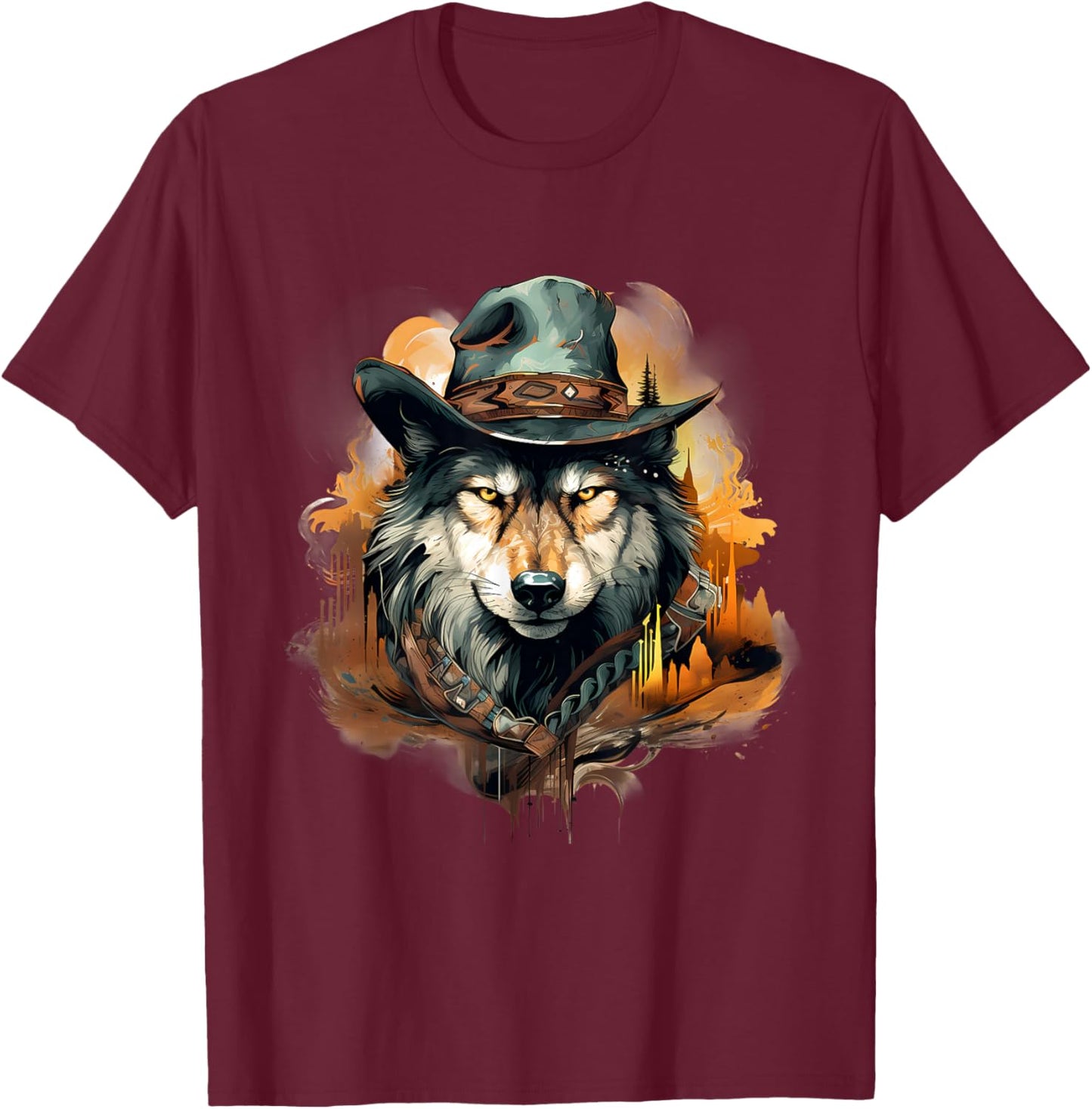 Wolf Animal Art Cowboy Colourful Artwork Animal Lovers T-Shirt - T-Shirt | Maroon