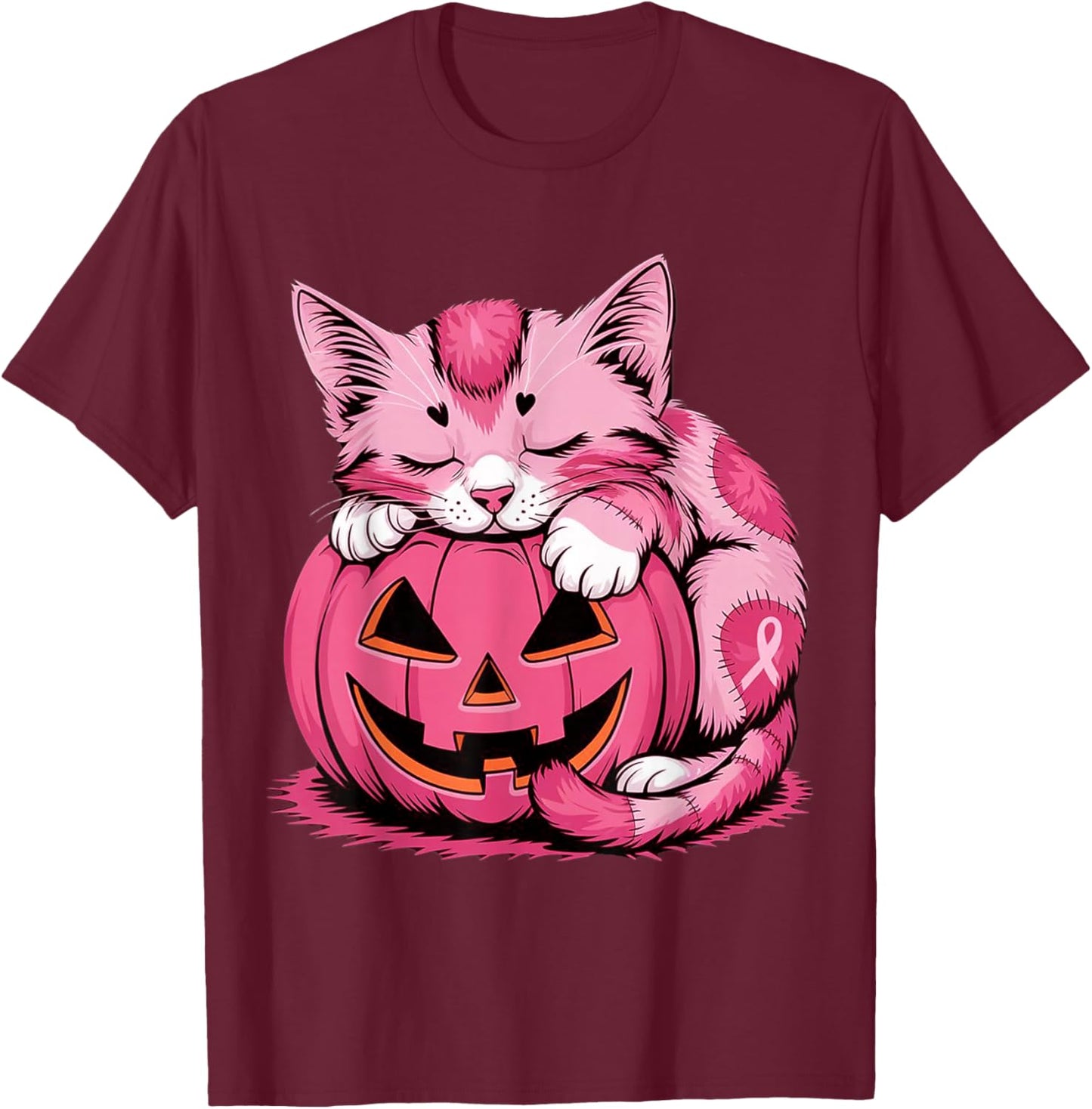 Cute Pink Cat Hugging Pumpkin Breast Cancer Awareness Kitten T-Shirt - T-Shirt | Maroon