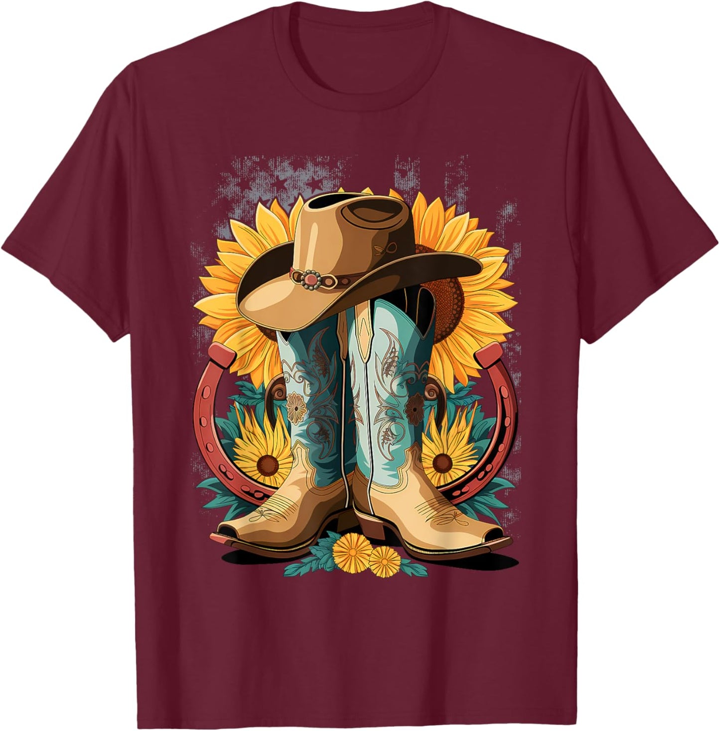 Western Cowboy Boot Horseshoe Sunflower Rope Cowgirl Country T-Shirt - T-Shirt | Maroon