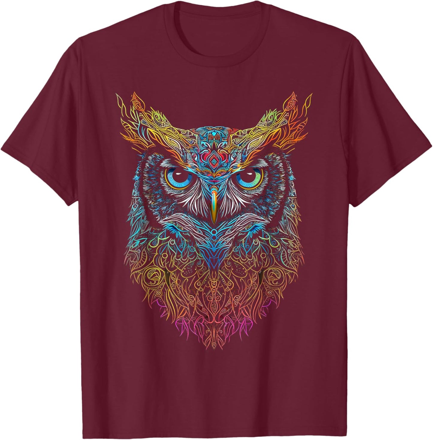 Owl Colorful Mandala Graphic Animal Art Bird Owl T-Shirt - T-Shirt | Maroon