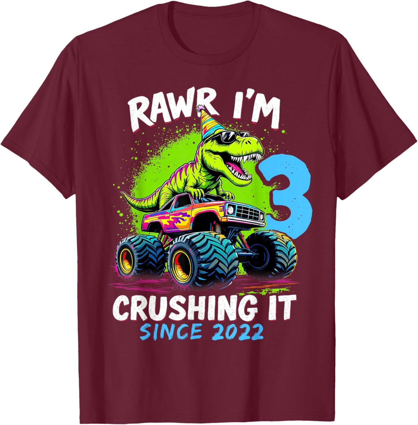 3rd Birthday Monster Truck Dinosaur Party Boys Rawr I'm 3 T-Shirt - T-Shirt | Maroon