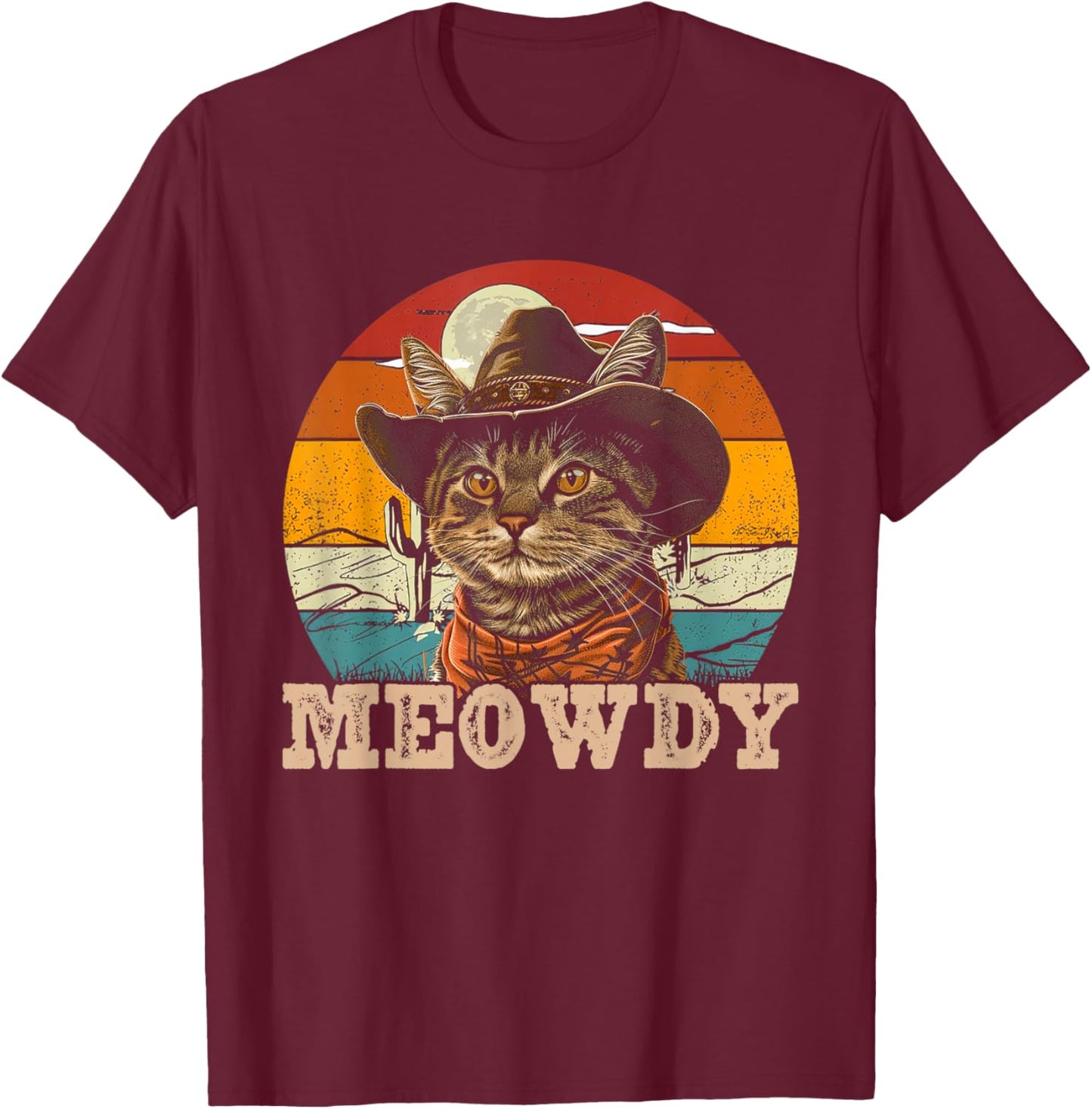 Graphic Western Cats Animals Pet Meowdy Kitten Cowboy Hat T-Shirt - T-Shirt | Maroon