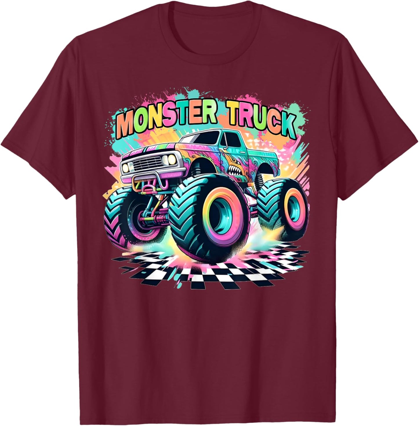 Monster Truck Colorful Birthday Party Retro Trucks Car Lover T-Shirt - T-Shirt | Maroon