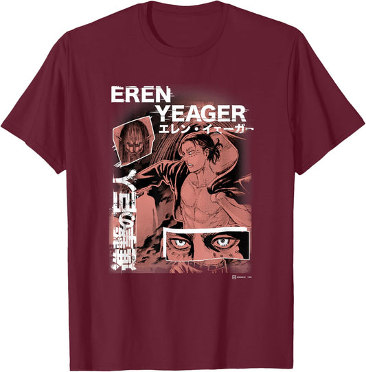 Attack on Titan Eren Yeager Japanese Manga Collage Portrait T-Shirt - T-Shirt | Maroon