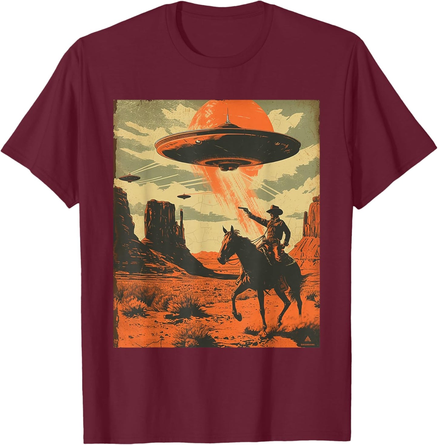 Retro Desert Cowboy Riding Horse Shooting At Space UFO Art T-Shirt - T-Shirt | Maroon