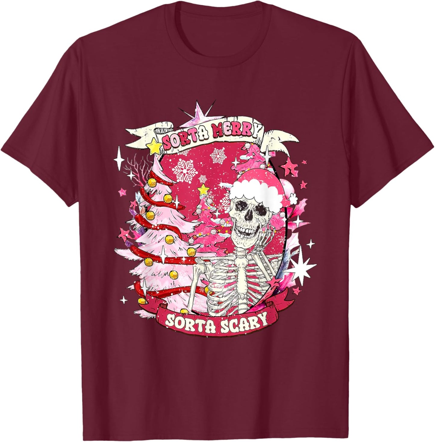 Christmas Sorta Merry Sorta Scary Skeleton Pink Xmas Tree T-Shirt - T-Shirt | Maroon