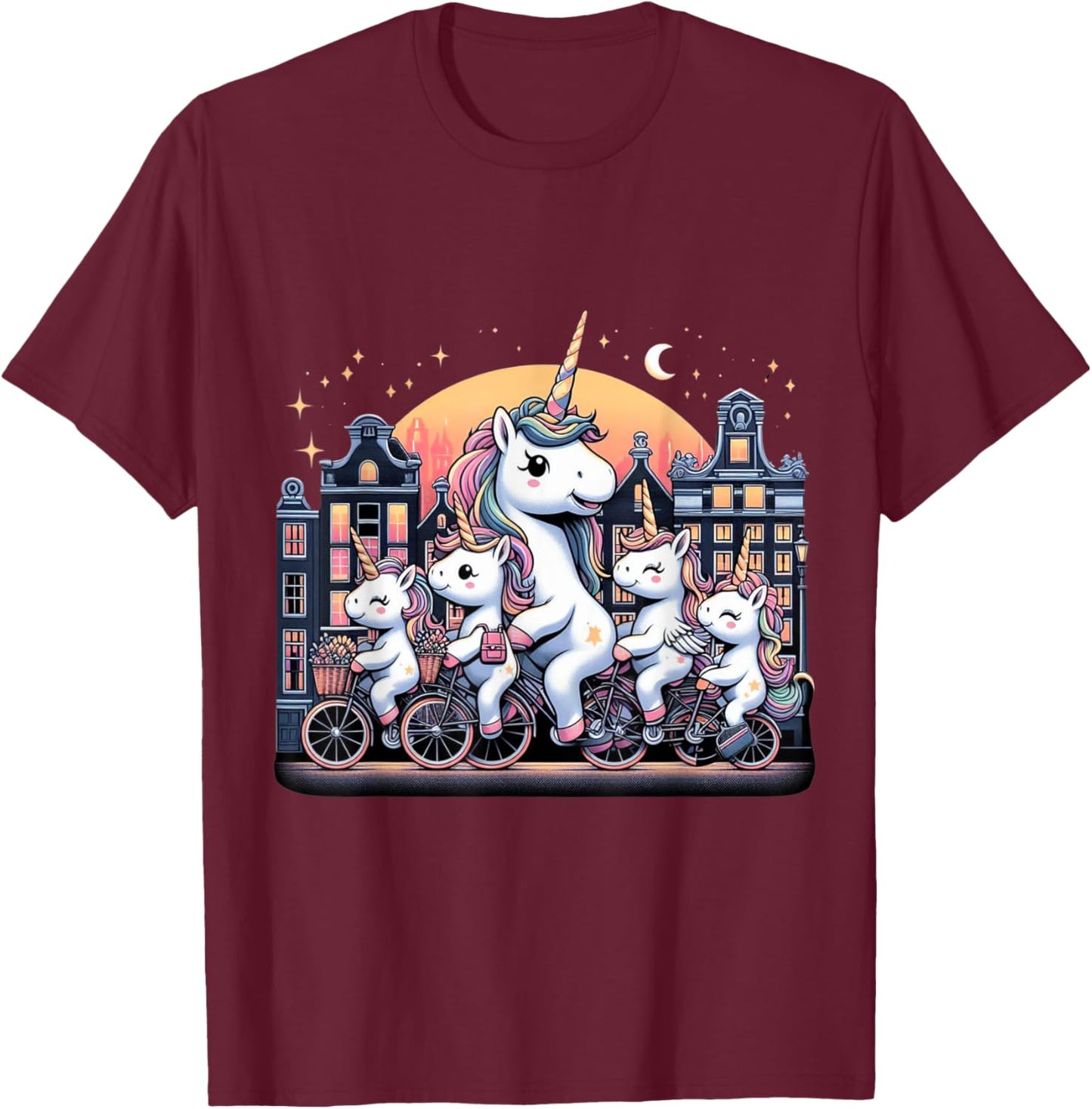 Unicorn Bicycle Amsterdam Netherlands Boys Girls Women Kids T-Shirt - T-Shirt | Maroon
