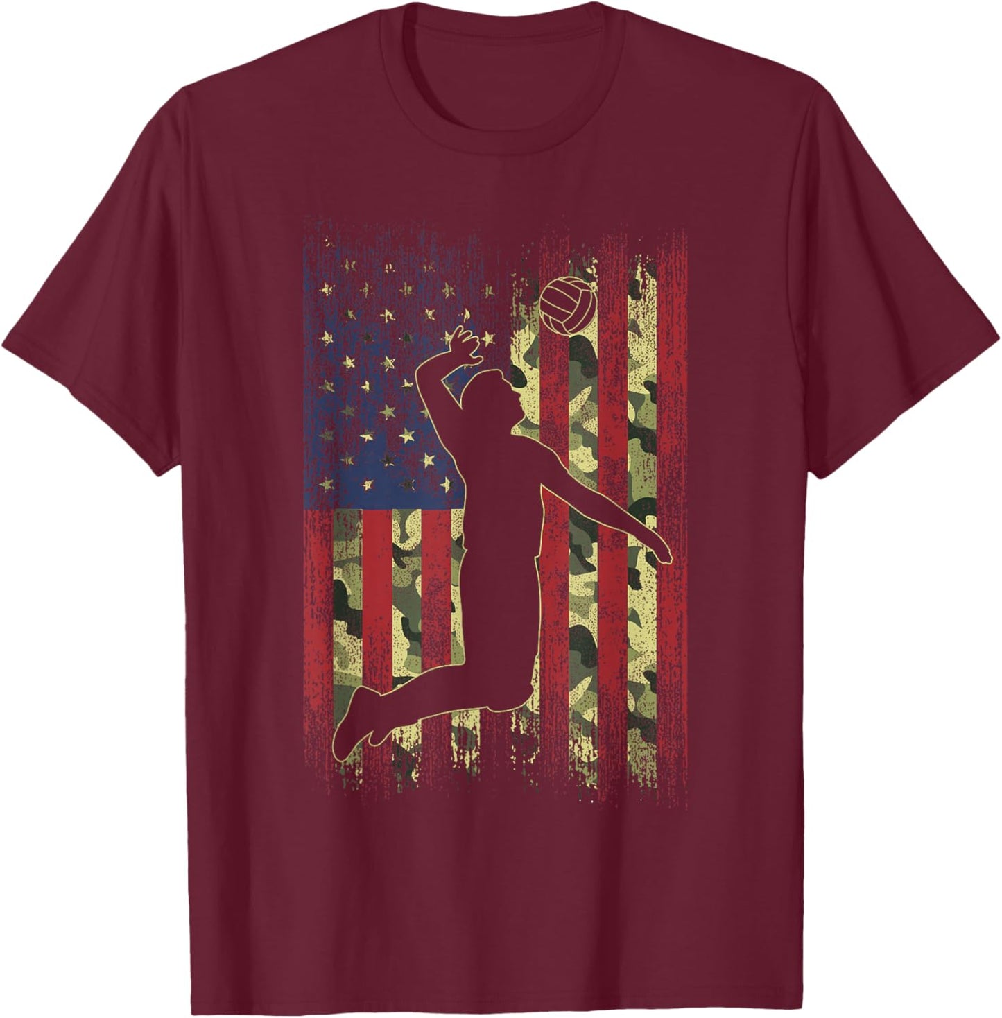 Camo US Flag Volleyball Vintage Patriotic Men Women Kids T-Shirt - T-Shirt | Maroon