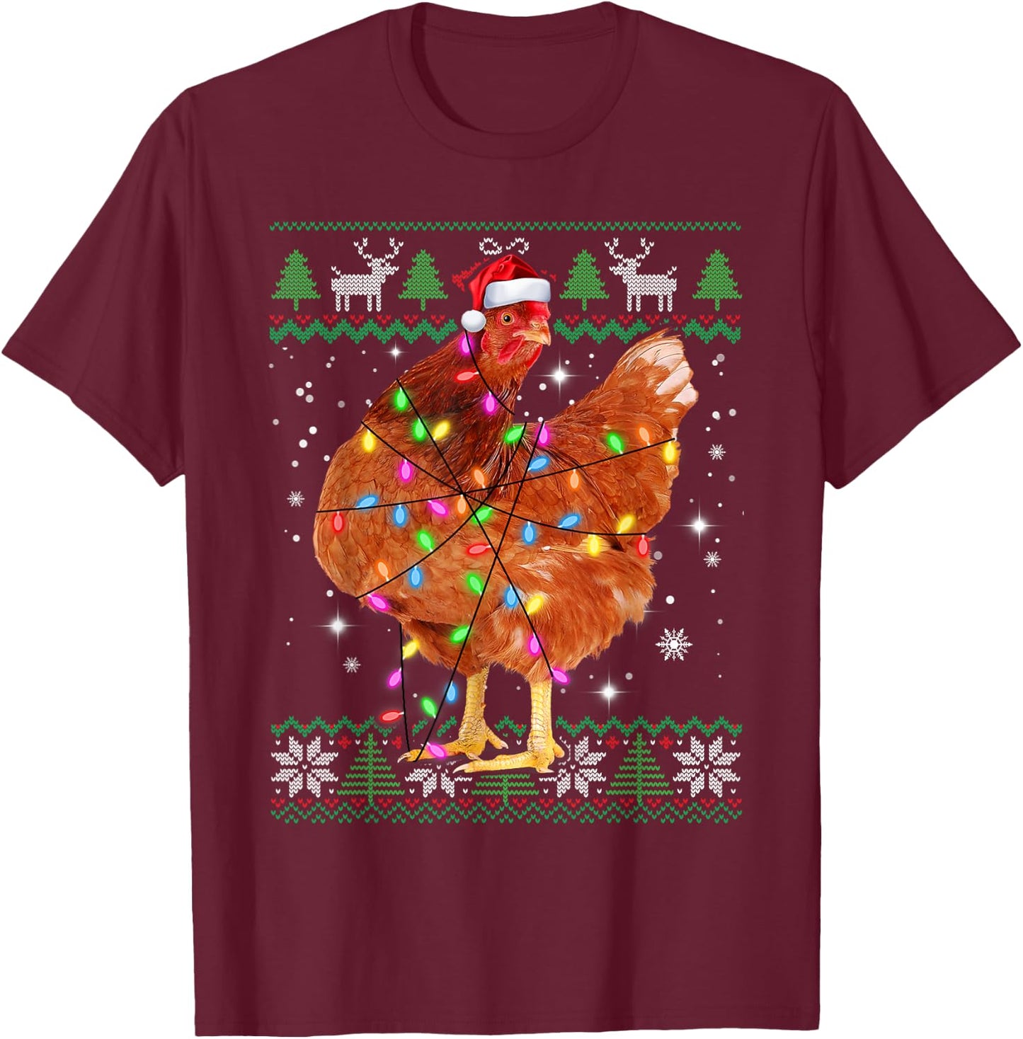 Ugly Christmas Chicken Santa Hat Lights Sweater Xmas T-Shirt - T-Shirt | Maroon