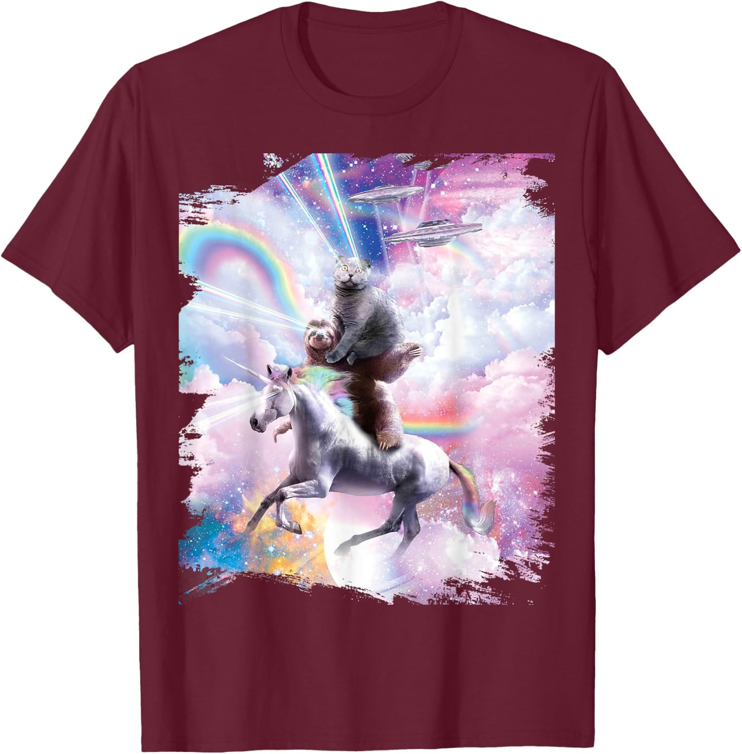 Laser Eyes Space Cat on Sloth Unicorn - Rainbow T-Shirt - T-Shirt | Maroon