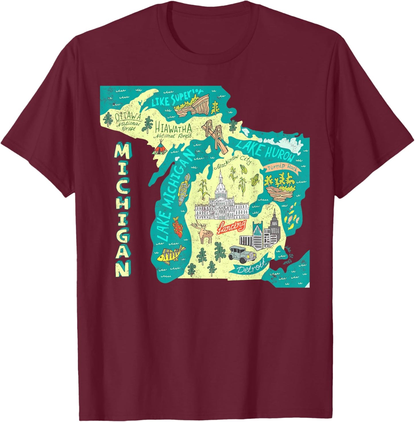 Great Lakes State Map Michigan Vacations Camping Hiking T-Shirt - T-Shirt | Maroon