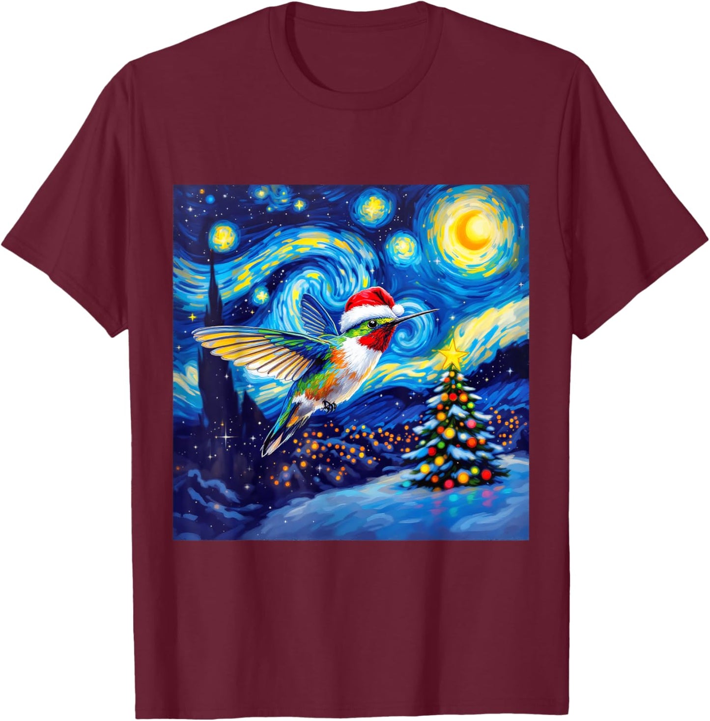 Christmas Hummingbird Santa Hat Van Gogh Starry Night T-Shirt - T-Shirt | Maroon