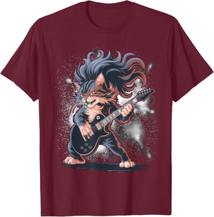 Rock and Roll Cat Playing Guitar T-Shirt - T-Shirt | Maroon