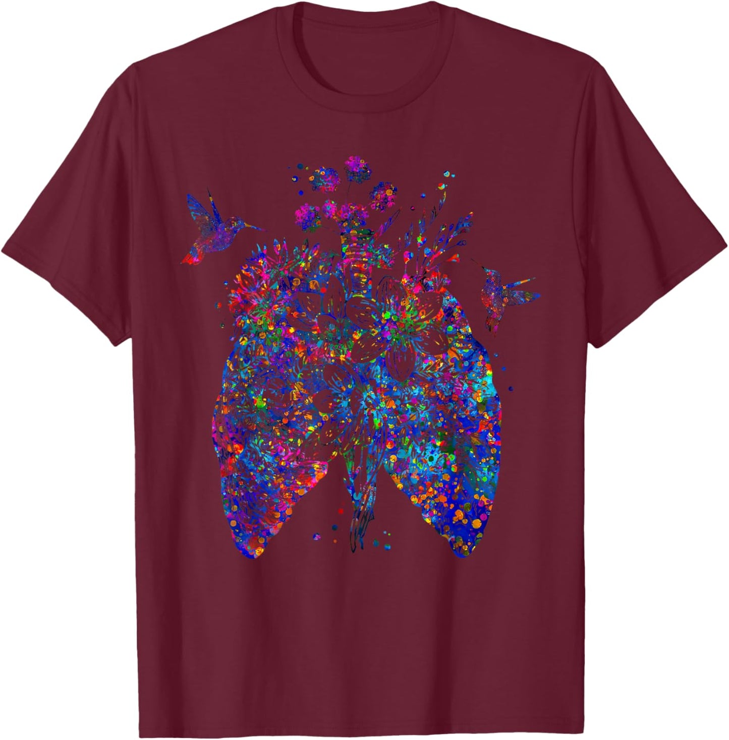 Color Hummingbird Floral Lung Anatomy Pulmonologist RT Nurse T-Shirt - T-Shirt | Maroon