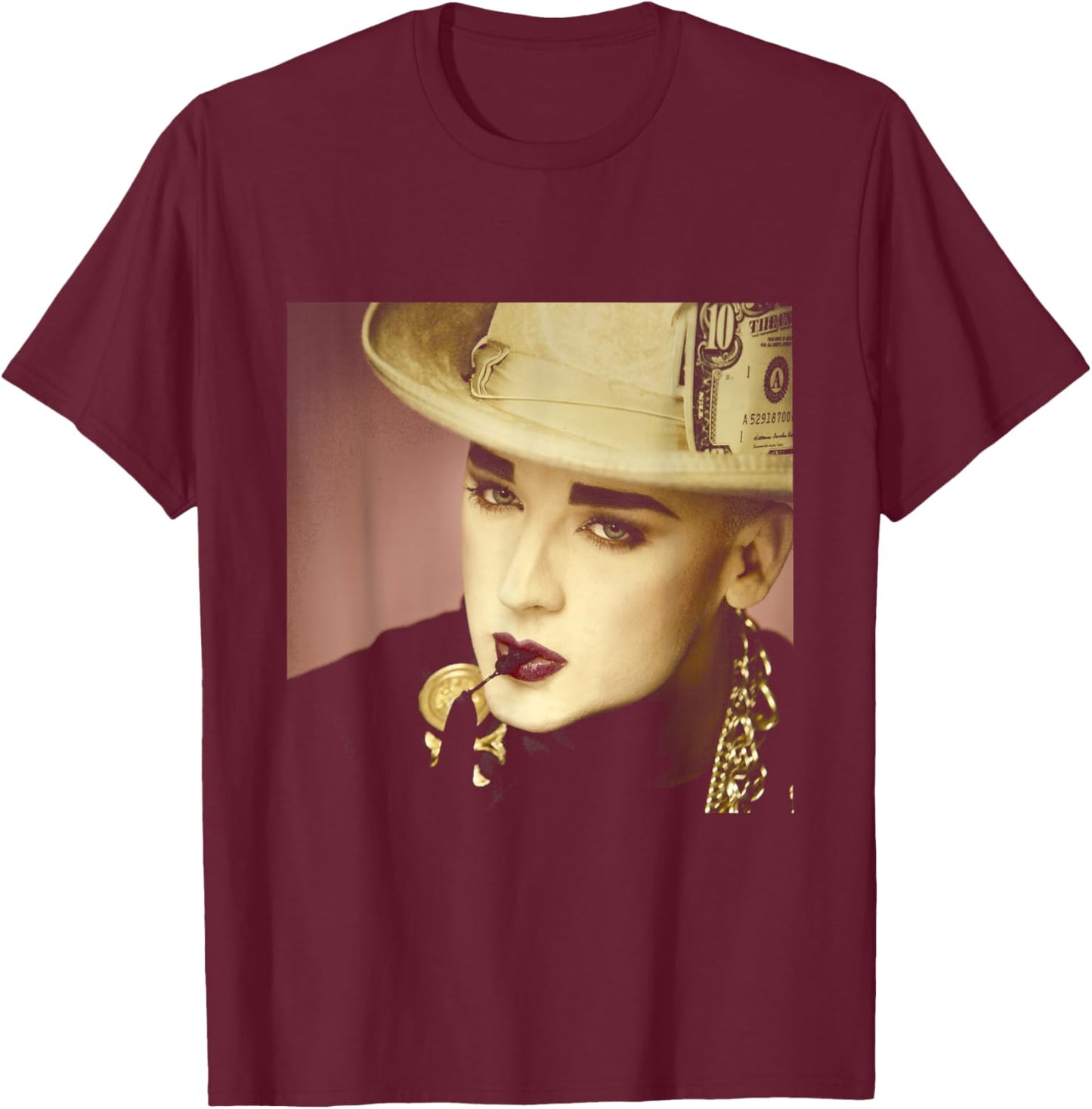 Boy George of Culture Club Dollar Hat by Simon Fowler T-Shirt - T-Shirt | Maroon