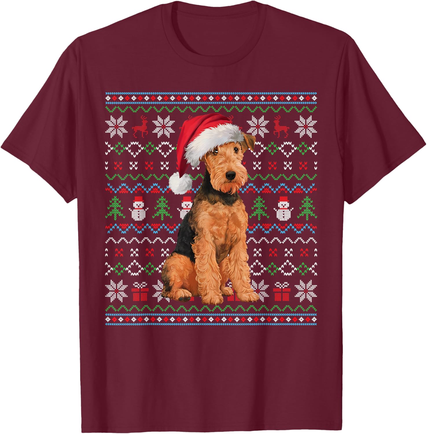 Ugly Airedale Terrier Dog Lovers Xmas Sweater Santa T-Shirt - T-Shirt | Maroon