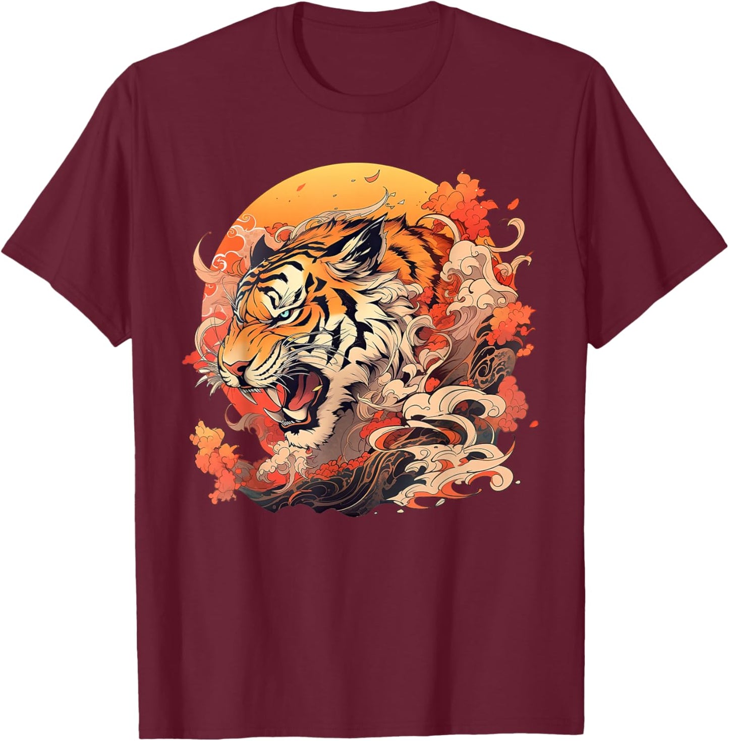 Asian Inspired Vintage Style 80s Retro Japanese Tiger T-Shirt - T-Shirt | Maroon
